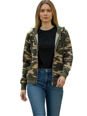 True Religion Women's Camo Zip-Up Hoodie in Olive and Tan